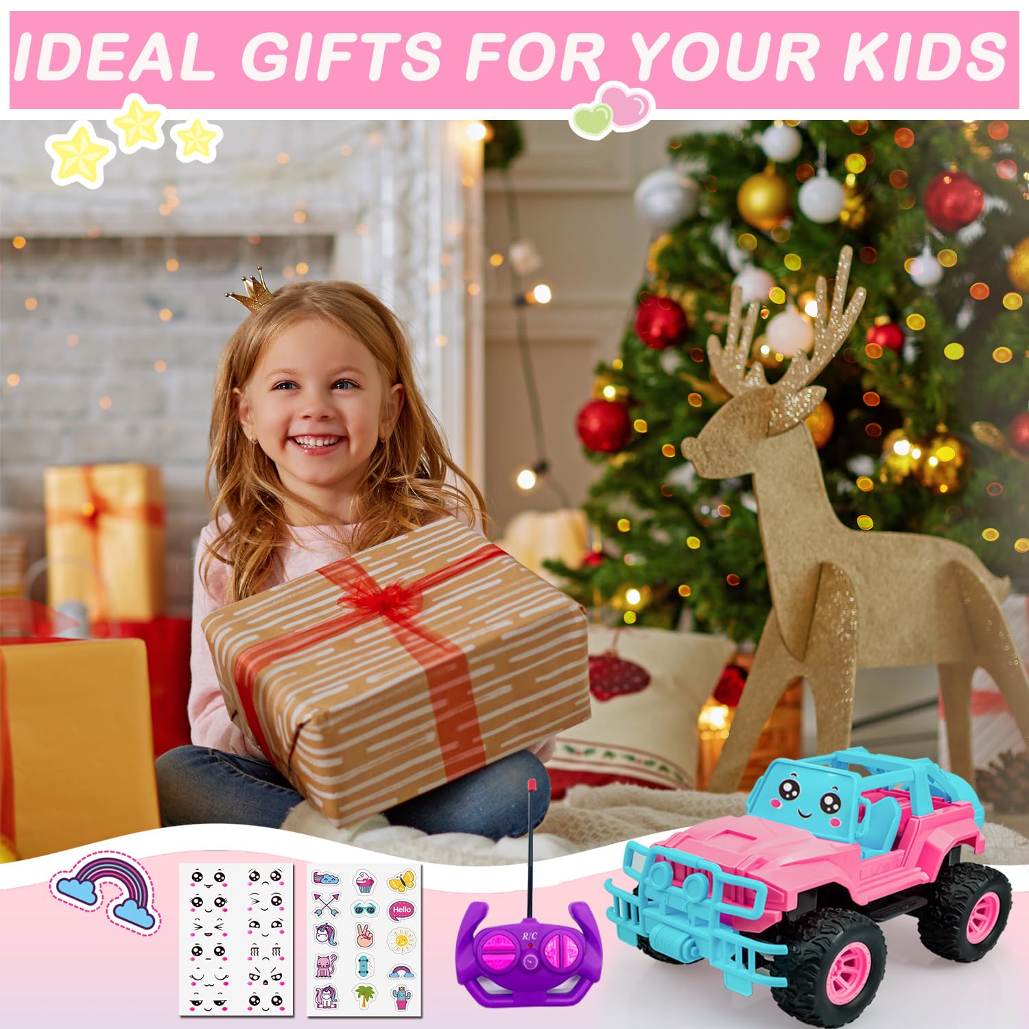 Remote Control Car for Kids Toddlers, Pink RC Cars with 2 Sets DIY Stickers, 1:20 Scale Remote Control Truck with LED Headlights, Easter Gifts for 3 4 5 6 7 8 Years Old Toddlers Girls Boys Kids