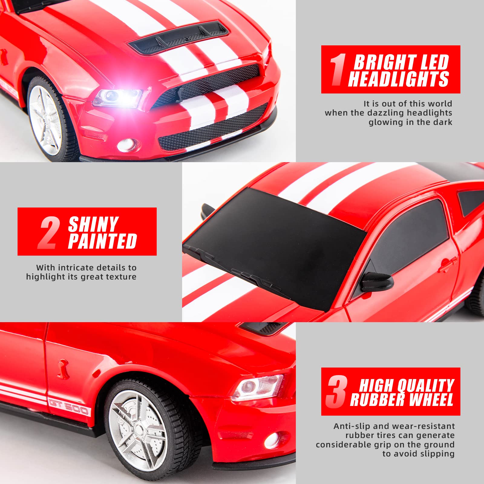 BDTCTK Remote Control 1/24 Ford Mustang Shelby GT500 RC Model Car, Toys for Kids and Adults Red