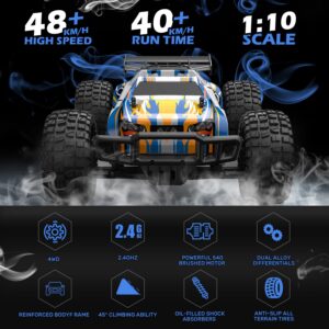 Holyton 1:10 Large High Speed Remote Control Car with LED Shell Lights, 48+ KM/H, 4WD Offroad Monster Truck for Adults & Kids, Hobby RC Truck Vehicle, 2 Battery Crawler Toy Gift for Boy