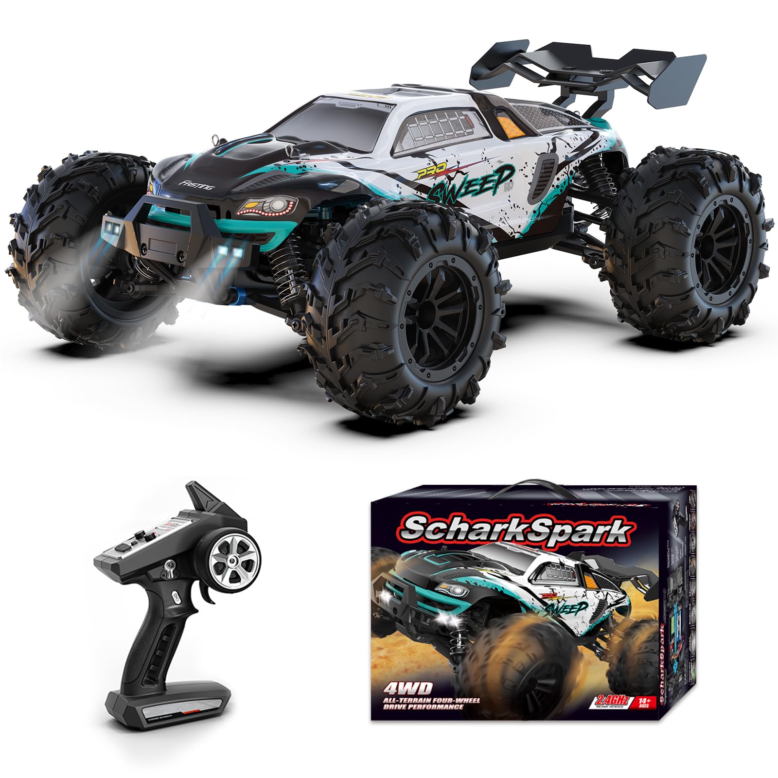 ScharkSpark Brushless RC Cars for Adults, Max 70 KPH High Speed RC Truck, 4WD All Terrain Remote Control Car for Adults with 50 Min Runtime, 1:16 Offroad Monster Truck with 2 Batteries, Gifts for Boys