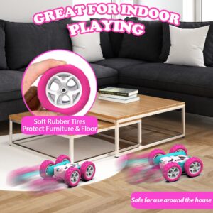 cosone Pink Remote Control Car for Girls - RC Stunt Cars with 4WD Double-Sided Driving 360° Flips Rotating, Off Road Remote Car Outdoor Toys for Kids Age 6 7 8-12, Christmas Birthday Gifts