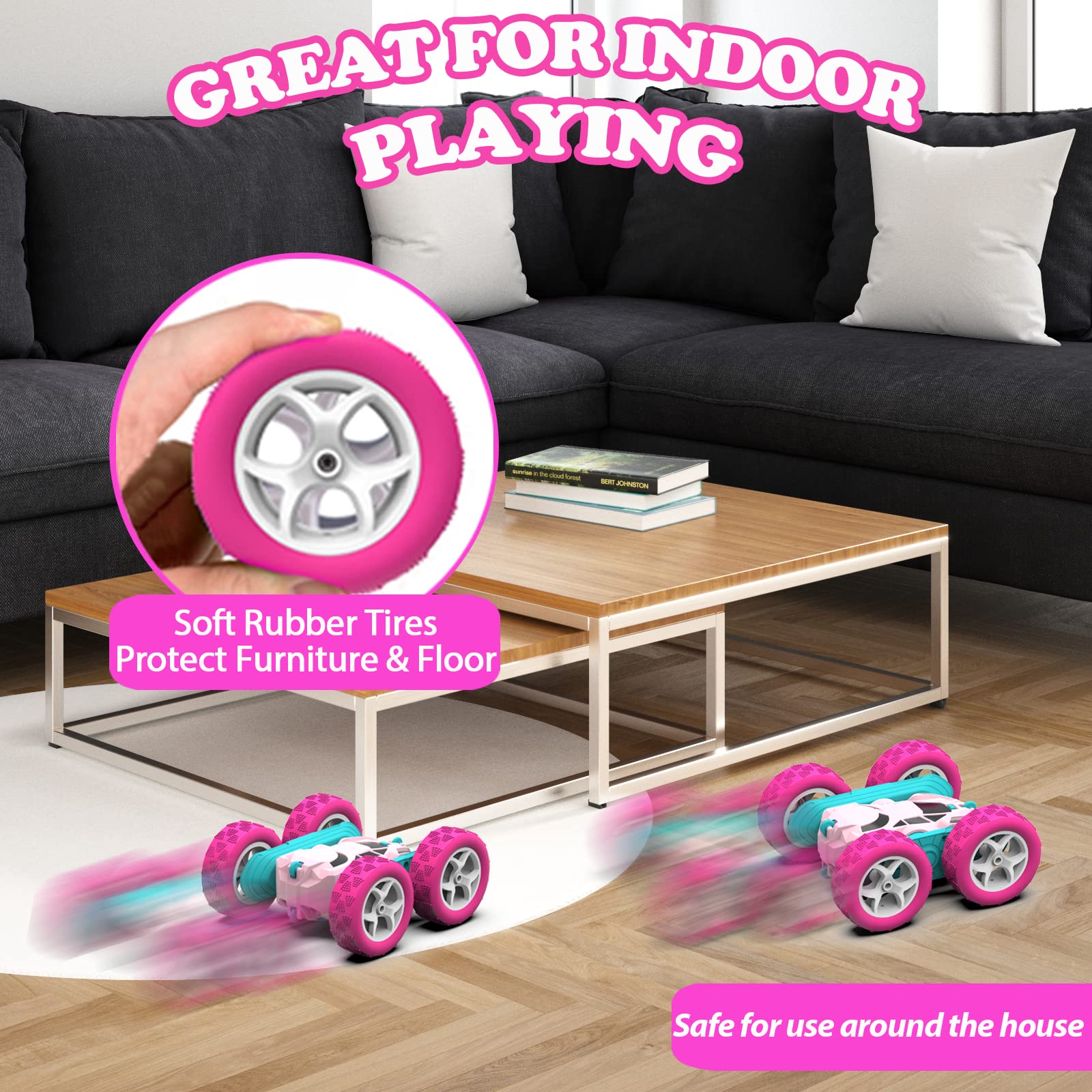 cosone Pink Remote Control Car for Girls - RC Stunt Cars with 4WD Double-Sided Driving 360° Flips Rotating, Off Road Remote Car Outdoor Toys for Kids Age 6 7 8-12, Christmas Birthday Gifts