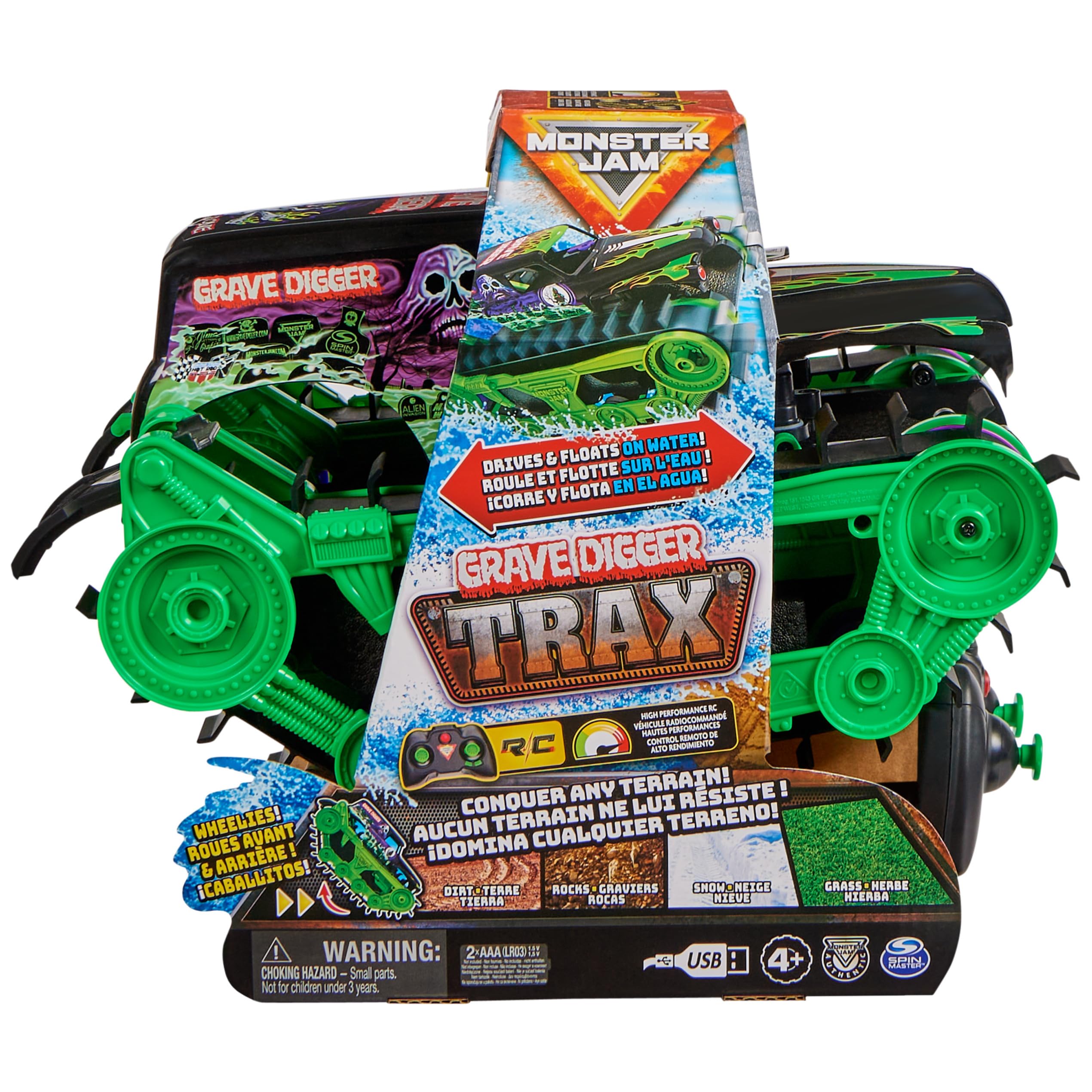 Monster Jam, Official Grave Digger Trax All-Terrain Remote Control Outdoor Vehicle, 1:15 Scale, Kids Toys for Boys and Girls Ages 4-6+