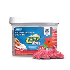 camco tst max camper/rv toilet treatment drop-ins | control unwanted odors & break down waste and tissue | safe septic tank treatment | hibiscus breeze scent | 30-count (41604)