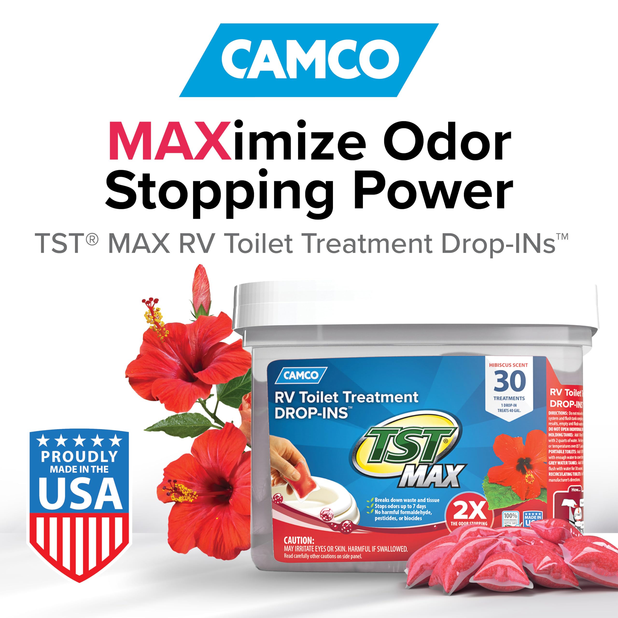 Camco TST MAX Camper/RV Toilet Treatment Drop-INs | Control Unwanted Odors & Break Down Waste and Tissue | Safe Septic Tank Treatment | Hibiscus Breeze Scent | 30-Count (41604)