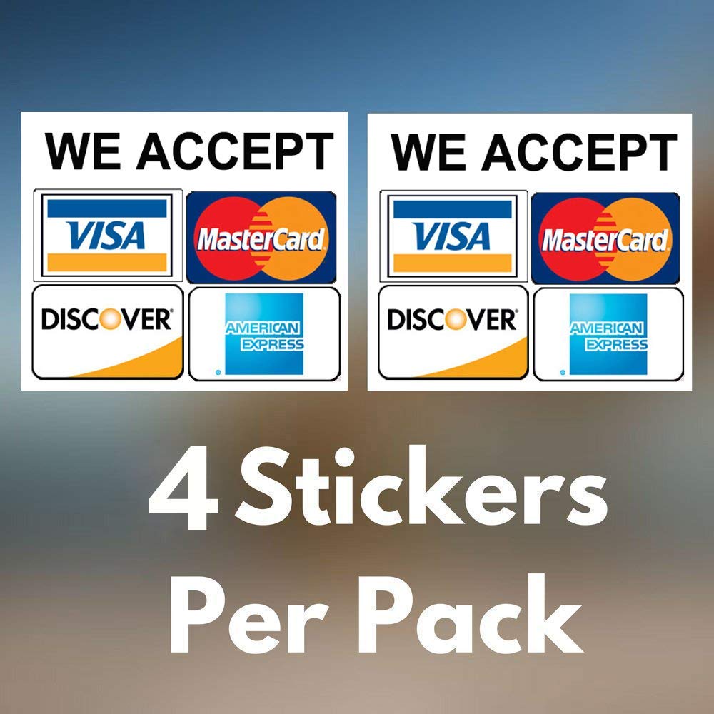 eSplanade We Accept Visa, MasterCard, Amex and Discover Credit Cards Sign Sticker Decal - Easy to Mount Weather Resistant Long Lasting Ink (Size 4" x 4")