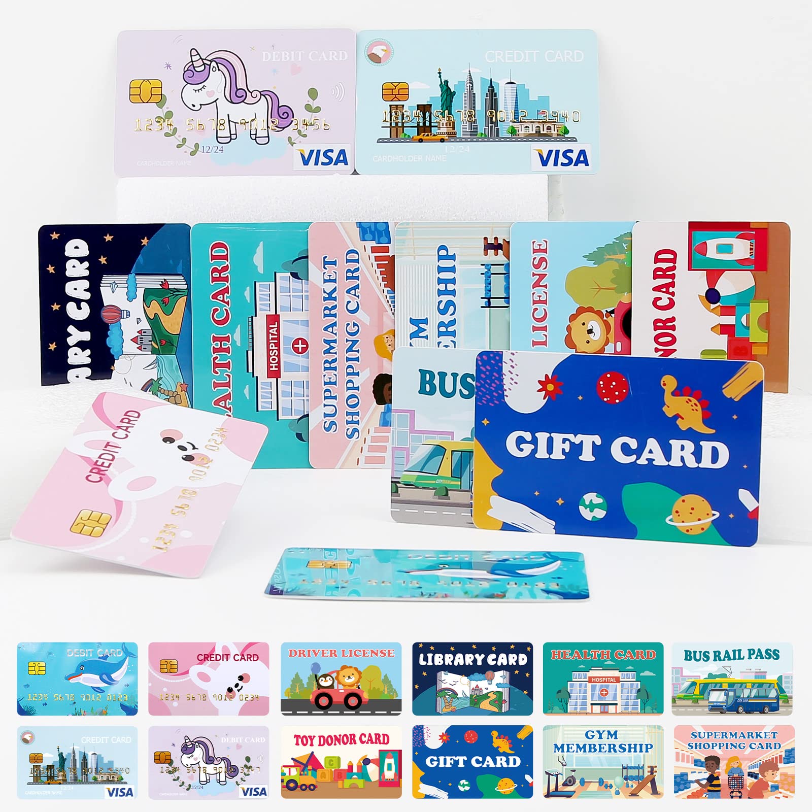 Fake Credit Cards for Kids, Play Credit Cards Pretend Debit Credit Cards for Girls and Boys, Driver's License, Membership Play Cards, Fake Toy Cards 12pcs