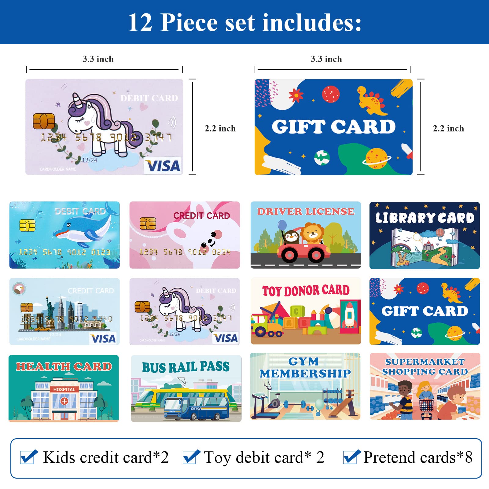 Fake Credit Cards for Kids, Play Credit Cards Pretend Debit Credit Cards for Girls and Boys, Driver's License, Membership Play Cards, Fake Toy Cards 12pcs