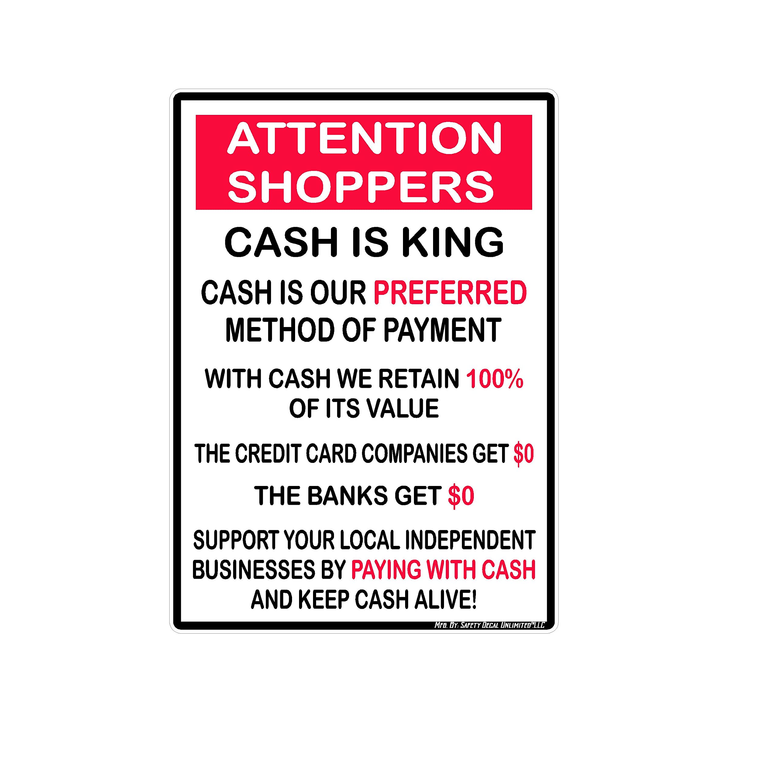 Notice Cash is King Preferred Method of Payment Request Black Red White Rectangle Label Sticker Decal Local Small Business Restaurant Bar Grill Made in America