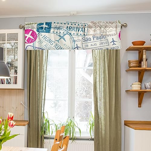 susiyo Travel Passport Visa Stamps Valance Curtain 1 Panel 54x18 inch Rod Pocket Curtain Valance for Kitchen