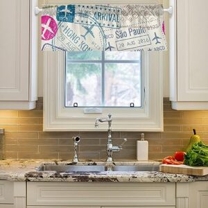 susiyo Travel Passport Visa Stamps Valance Curtain 1 Panel 54x18 inch Rod Pocket Curtain Valance for Kitchen