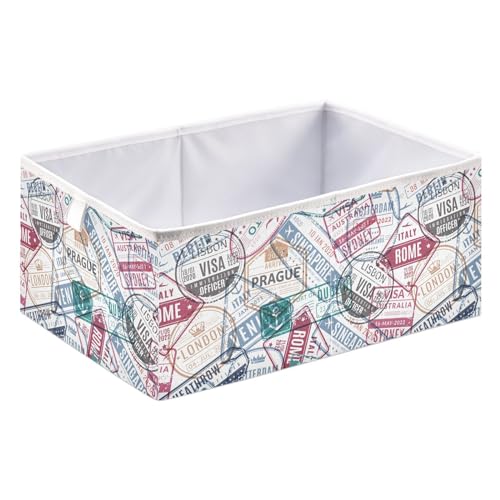 OTVEE Storage Baskets for Organizing, Traveler Passport Airport Visa Arrived Stamps Decorative Storage Basket, Fabric Folding Organizer with Handles for Closet Toys Clothes Home Nursery