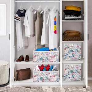 OTVEE Storage Baskets for Organizing, Traveler Passport Airport Visa Arrived Stamps Decorative Storage Basket, Fabric Folding Organizer with Handles for Closet Toys Clothes Home Nursery