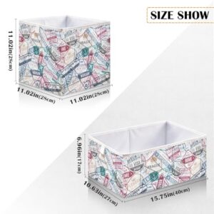 OTVEE Storage Baskets for Organizing, Traveler Passport Airport Visa Arrived Stamps Decorative Storage Basket, Fabric Folding Organizer with Handles for Closet Toys Clothes Home Nursery