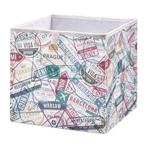 OTVEE Storage Baskets for Organizing, Traveler Passport Airport Visa Arrived Stamps Decorative Storage Basket, Fabric Folding Organizer with Handles for Closet Toys Clothes Home Nursery