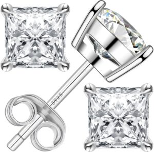 tunzug princess square moissanite diamond stud earrings d color vvs1 clarity lab made diamond stud earrings 18k white gold plated 925 sterling silver friction back earrings for women