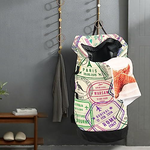 Travel Stamps Visa Nylon Travel Laundry Bag for Luggage Dirty Heavy Duty Dirty Clothes Organizer with Drawstring Closure & Shoulder Straps Laundry Hamper Liner for Apartment College Dorm Factories