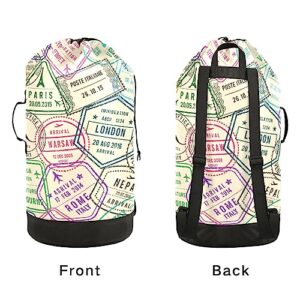 Travel Stamps Visa Nylon Travel Laundry Bag for Luggage Dirty Heavy Duty Dirty Clothes Organizer with Drawstring Closure & Shoulder Straps Laundry Hamper Liner for Apartment College Dorm Factories