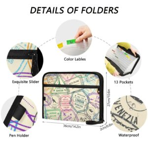 Travel Stamps Visa Accordion File Organizer Portable Document Receipt Organizer File Folders with Pockets Labels Card Organizer for Home Office School Supplies