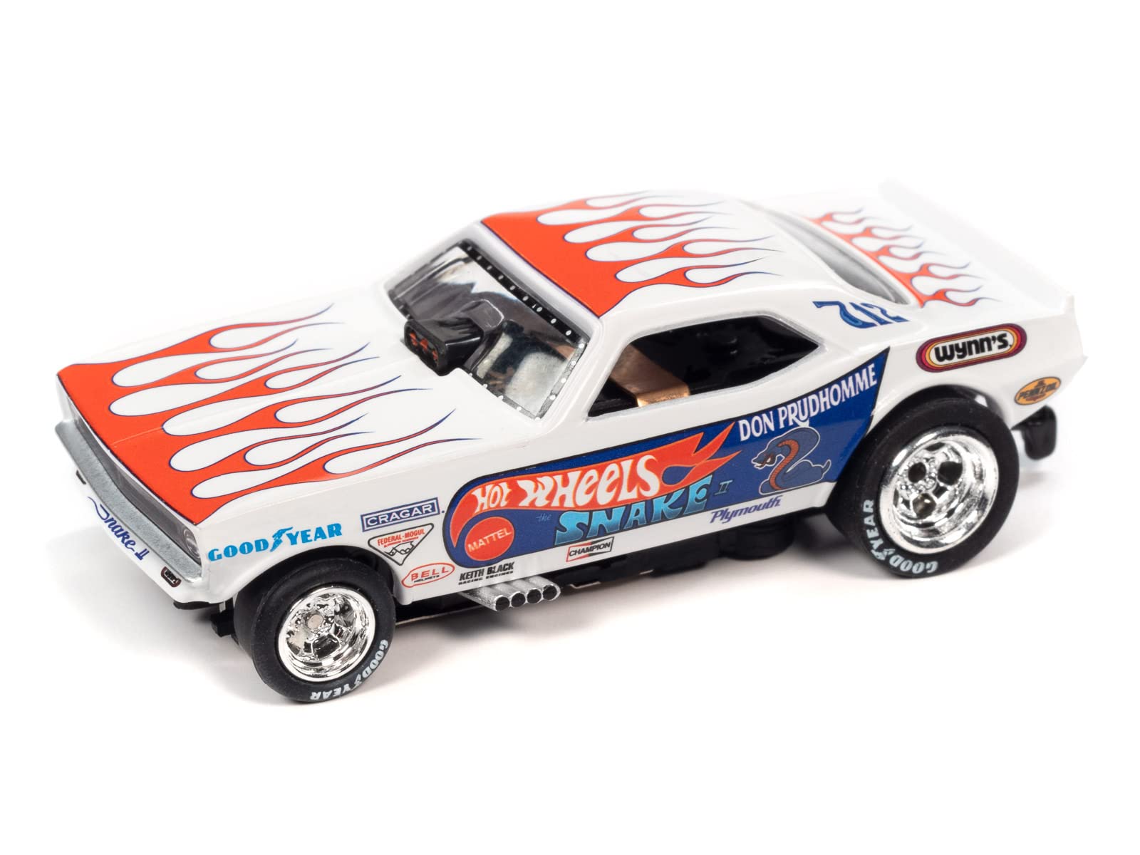 Auto World 4Gear Hot Wheels - Don The Snake Prudhomme/Snake II 1972 Plymouth Cuda Funny Car (White with Flames) HO Scale Slot Car