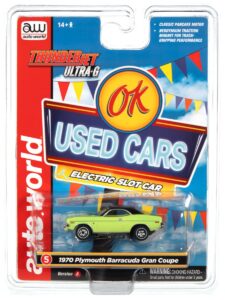 auto world thunderjet ok used cars 1970 plymouth barracuda gran coupe (green) ho scale slot car