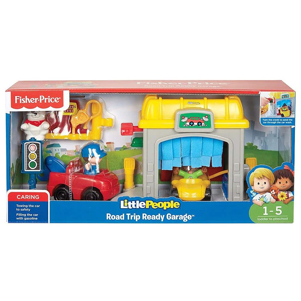 Fisher-Price Little People Road Trip Ready Garage - FWB90 ~ Includes Figures, Car wash, Tow Truck, Car, Traffic Light, and Gas Pump