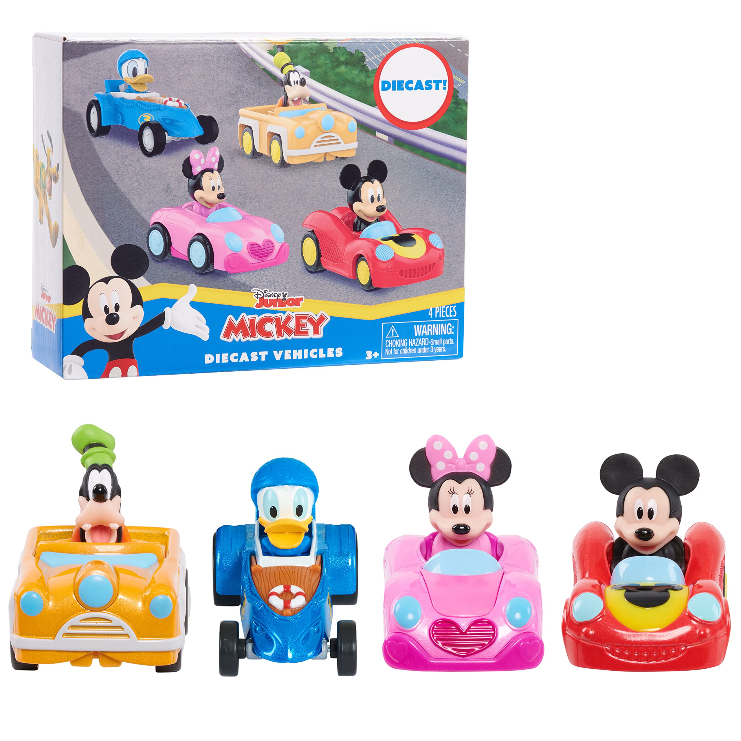 Disney Junior Mickey Mouse Diecast Vehicles, 4-piece Set, 3-inch long Metal Cars, Pretend Play, Kids Toys for Ages 3 Up by Just Play