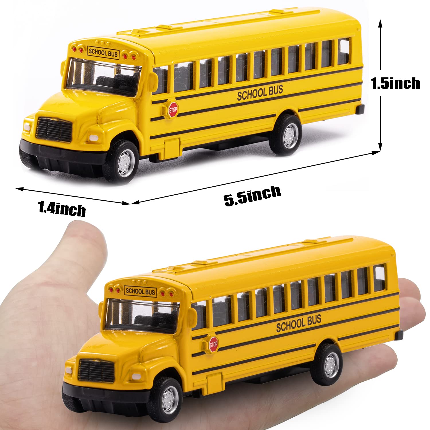 KOMENDANT 2 Pack 5.5inch Pull Back School Bus Playset, Die-cast Metal Toy Play Vehicles with Yellow for Kids Boys Toddlers