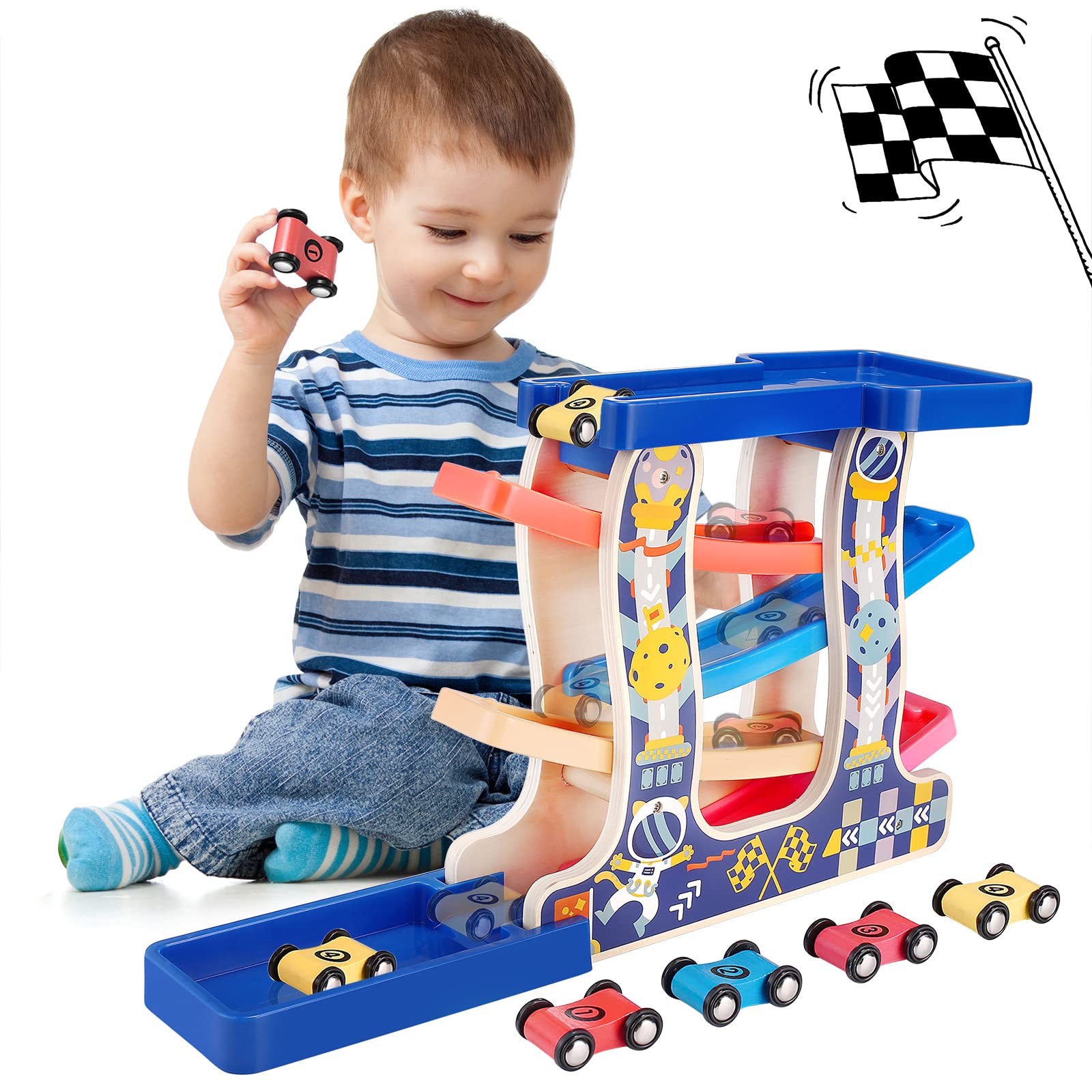 Tmgooyier Toddler Toys for 1 2 3 Years Old, Wooden Car Ramp Racer Toy Vehicle Set with 4 Mini Cars & Race Tracks, Montessori Toys for Toddlers Boys Girls Birthday