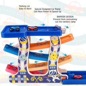 Tmgooyier Toddler Toys for 1 2 3 Years Old, Wooden Car Ramp Racer Toy Vehicle Set with 4 Mini Cars & Race Tracks, Montessori Toys for Toddlers Boys Girls Birthday