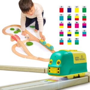 robobloq wooden train set, 25 pcs wooden tracks, 22 functions lights/music, 3 game modes, preschool educational toys gifts for kids age 3-7, fit thomas the train, brio, melissa & doug