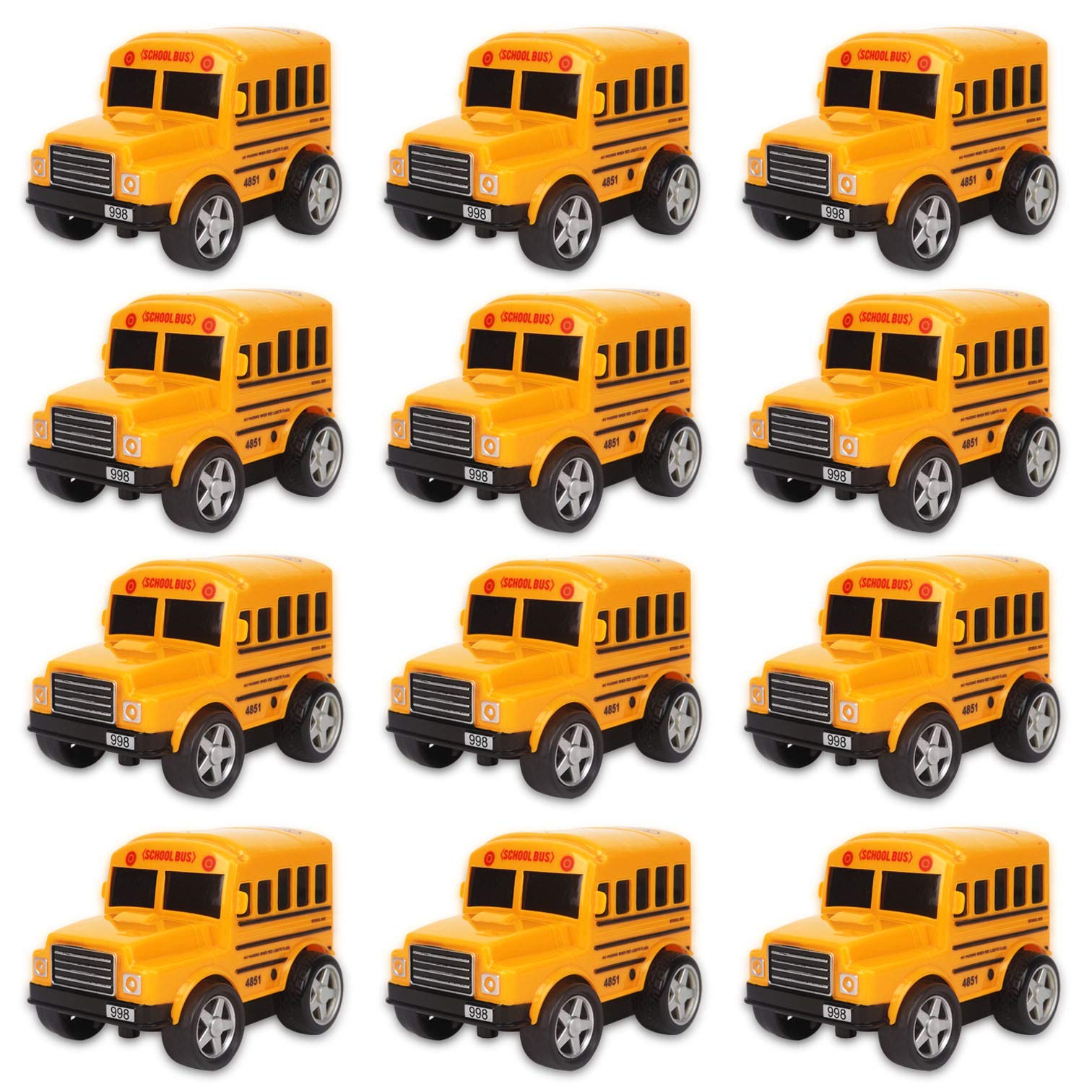 12 Pack in Box Chubby School Bus Model Toys - 4 inches Classic Long Nose Friction Powered 360 Rotation Vehicles - Ideal Gift, Party Favors for Kids (1 Dozen)