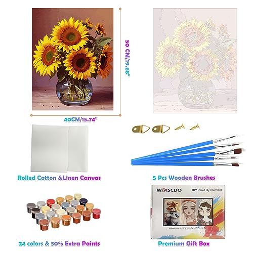 Paint by Numbers for Adults Beginners and Kids,19.6" Wx19.6 L DIY Sunflower Canvases for Painting with 5Pcs Paintbrushes,Home Room Wall Decor Art for Bathroom Bedroom Living Room Christmas Decoration