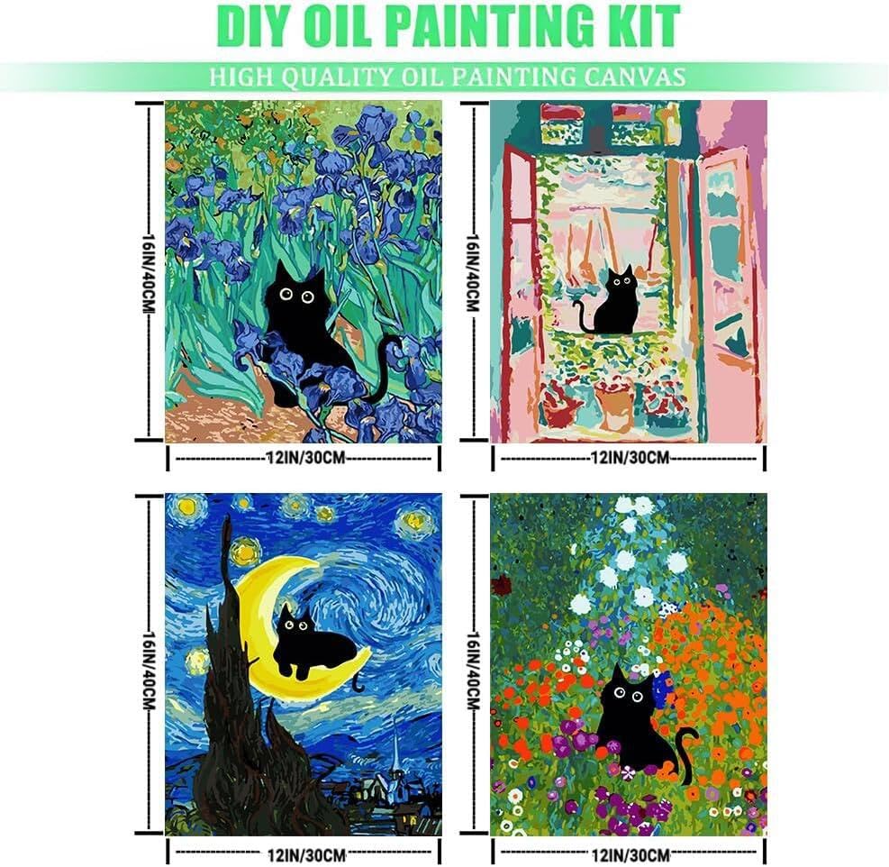 Mowana Paint by Numbers for Adults and Kids Beginner, Cat Painting by Number Kits On Canvas,Without Frame DIY Color Oil Painting Acrylic Paints,Home Wall Decor（4 Pack 12x16 in）