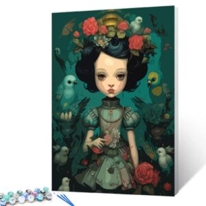 Dark Style Doll DIY Painting by Number for Beginner Delicate Dolls With Her Birds Paint by Numbers on Canvas Easy to Paint Artwork with Brushes and Paints for Home Decor Without Frame 16x20inch