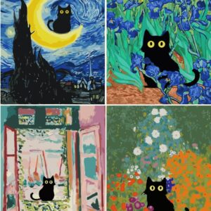 ARPADAMO Adults Beginners Paint by Number Kits ? Press Digital Easy Acrylic Black cat 4 Pieces Paint, DIY Watercolor Paint Press Digital kit on Canvas Home Wall Decoration Without Frame 12×16inch