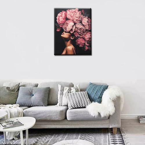 Tucocoo Fashion Head Painting by Numbers Pink Flower Abstract Drawing Nordic Wall Decoration Oil Paint by Numbers Beautiful Woman Head Flower Paint by Numbers for Adults Without Frame-16''Wx20‘’H