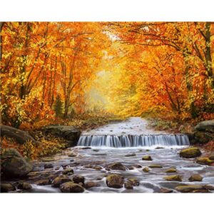 paint by numbers for adults - diy canvas painting kit - pre-printed art-quality drawing paintwork with 4 paintbrushes - autumn river park design 16”x20” rolled canvas gift decor