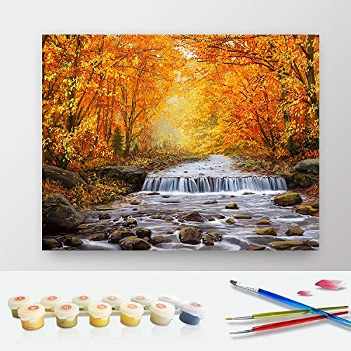 Paint by Numbers for Adults - DIY Canvas Painting Kit - Pre-Printed Art-Quality Drawing Paintwork with 4 Paintbrushes - Autumn River Park Design 16”x20” Rolled Canvas Gift Decor