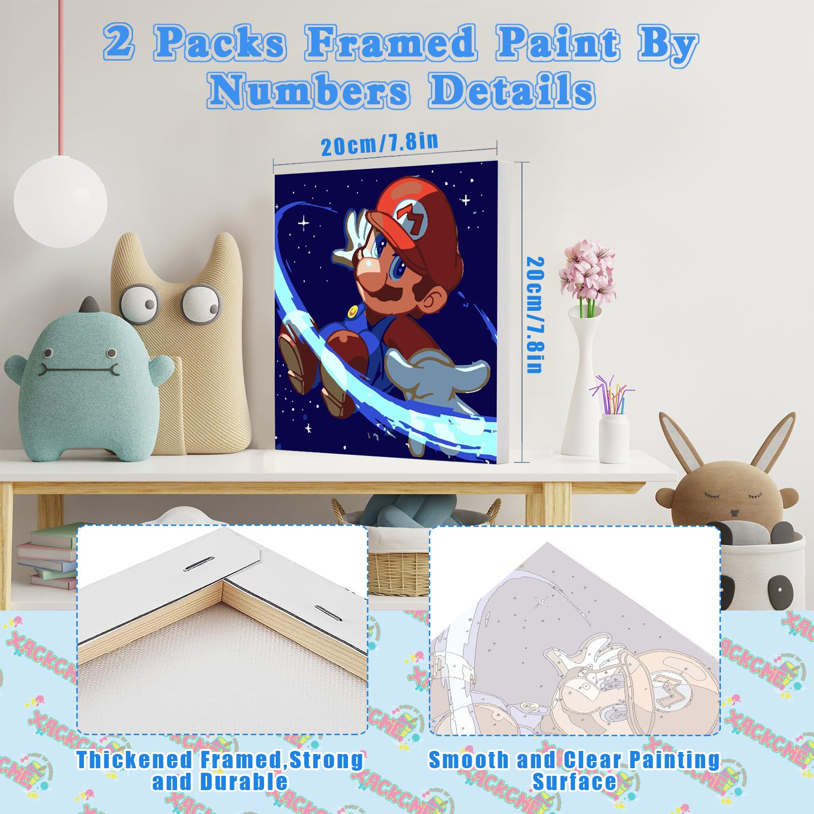 xackcme 2 Pack Cartoon Paint by Number for Kids with Wooden Frame-Cartoon Paint by Numbers for Kids Ages 4-8-12,Easy Paint with Numbers DIY Acrylic Oil Painting Kits for Home Wall Decor(8X8inch)