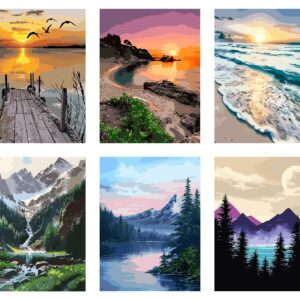 CHWGLFGG 6 Pack Landscape Paint by Number for Adults Kids Beginner, DIY Adult Painting by Numbers Kits on Canvas with Brushes and Acrylic Paint, Home Wall Decor 12 x 16 Inch