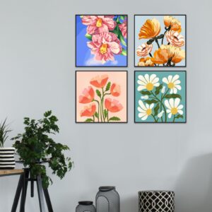 Amphol Flowers Paint by Number for Adults Canvas Framed, 4 Pack 10"x10" Easy Framed Paint by Number Kits for Beginner Kids, DIY Simple Flowers Acrylic Oil Painting Number Kits with Frame