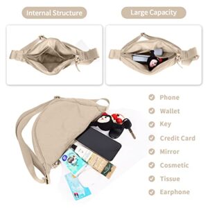 Nylon Crescent Crossbody Bag for Women Purses Trendy Men,Small Travel Sling Bag Hobo,Lightweight Fanny Pack with Zipper Adjustable Strap,Round Soft Shoulder Pouch Bag for Everyday Use Sport(Beige)