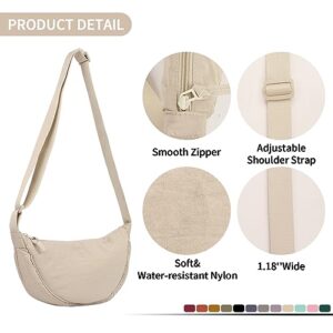 Nylon Crescent Crossbody Bag for Women Purses Trendy Men,Small Travel Sling Bag Hobo,Lightweight Fanny Pack with Zipper Adjustable Strap,Round Soft Shoulder Pouch Bag for Everyday Use Sport(Beige)