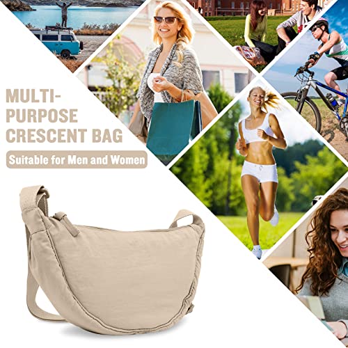 Nylon Crescent Crossbody Bag for Women Purses Trendy Men,Small Travel Sling Bag Hobo,Lightweight Fanny Pack with Zipper Adjustable Strap,Round Soft Shoulder Pouch Bag for Everyday Use Sport(Beige)