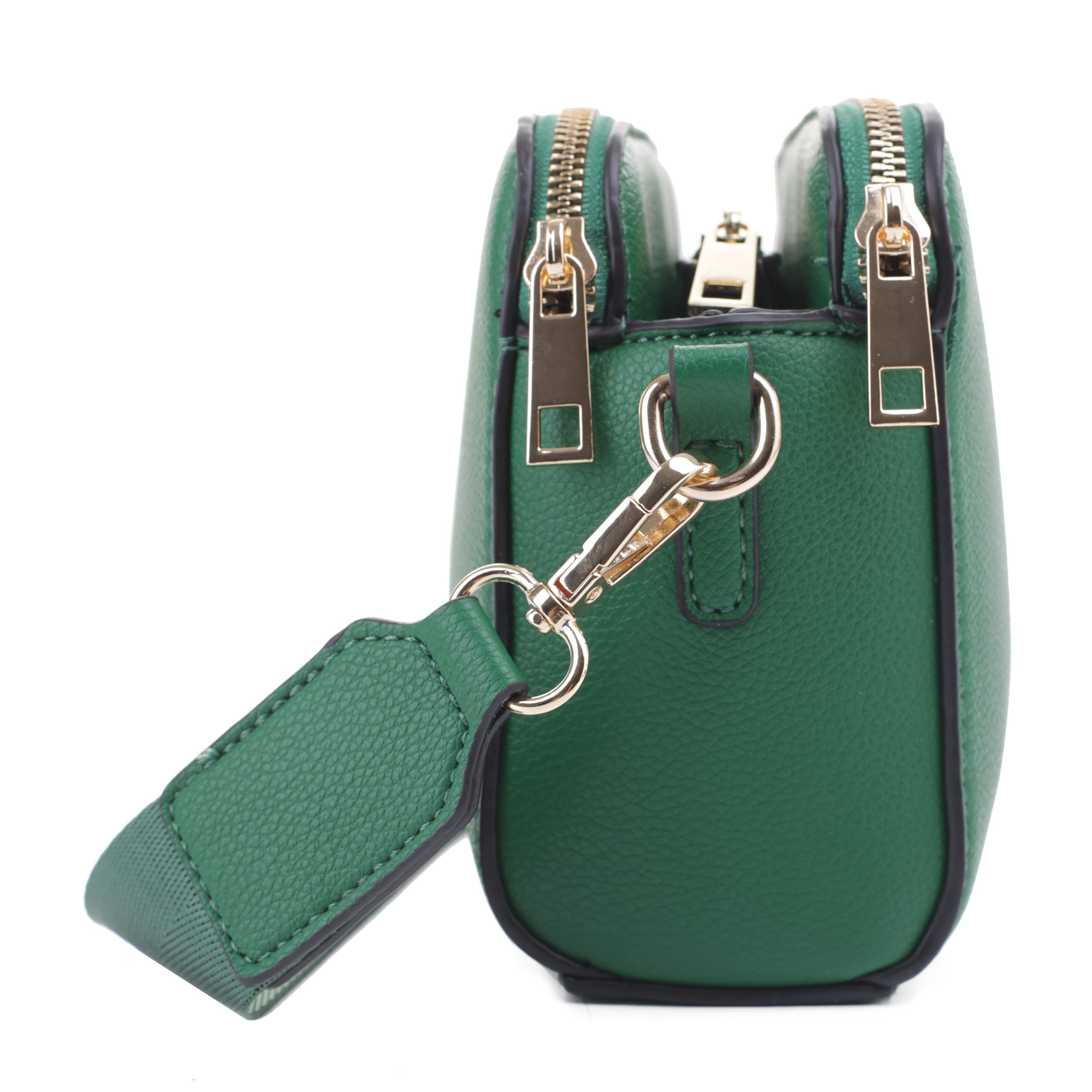 EVVE Triple Zip Small Crossbody Camera Bag with Wide Guitar Strap | Kelly Green