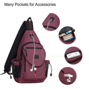 MOSISO Sling Backpack,Canvas Crossbody Hiking Daypack Bag with Anti-theft Pocket, Wine Red