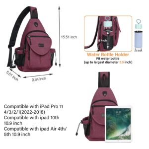 MOSISO Sling Backpack,Canvas Crossbody Hiking Daypack Bag with Anti-theft Pocket, Wine Red