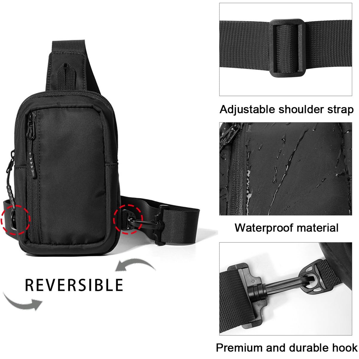 Small Sling Bag Lightweight Fanny Pack Mini Crossbody Backpack Casual Personal Pocket Bag Waterproof Phone Chest Bag (Black)