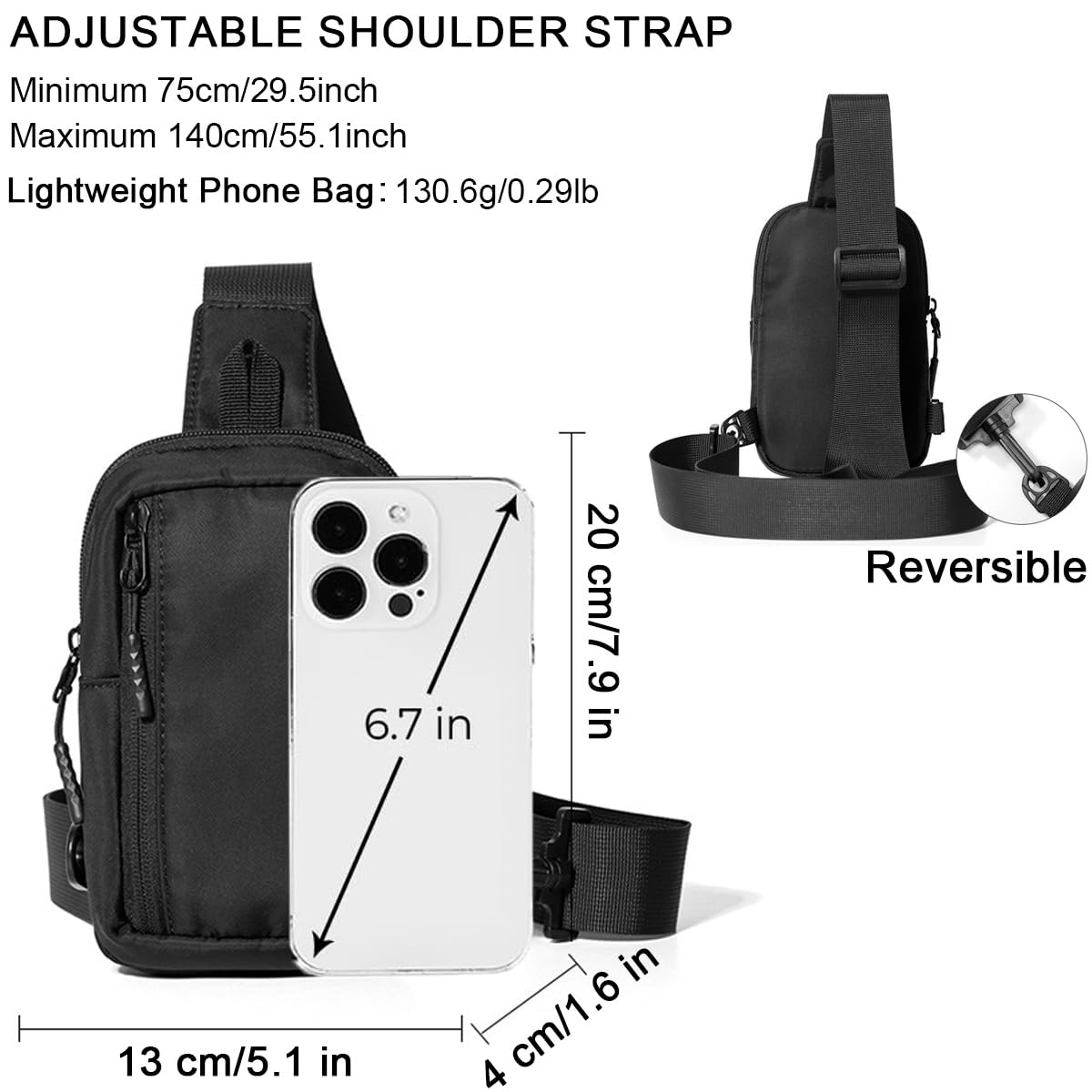 Small Sling Bag Lightweight Fanny Pack Mini Crossbody Backpack Casual Personal Pocket Bag Waterproof Phone Chest Bag (Black)